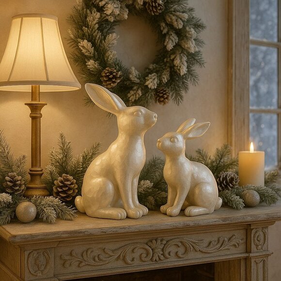 Faux Capiz Bunny Pair French Country Coastal Shabby Chic Farmhouse Decor - Picture 8 of 12